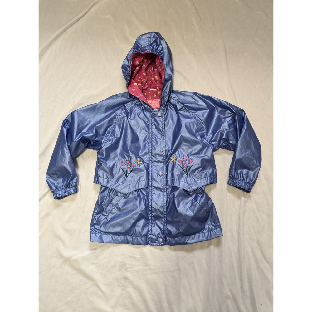 Oshkosh B'gosh Girls Rain Jacket Vents Metallic Blue Flowers Butterfly Approx 6